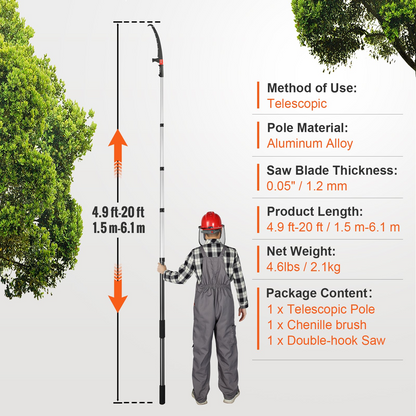 VEVOR Manual Pole Saw, 4.9-20 ft Extendable Tree Pruner, Sharp Steel Blade for High Branches Trimming, with Lightweight Aluminum Alloy Handle and a Chenille Brush, for Pruning Palms and Shrubs