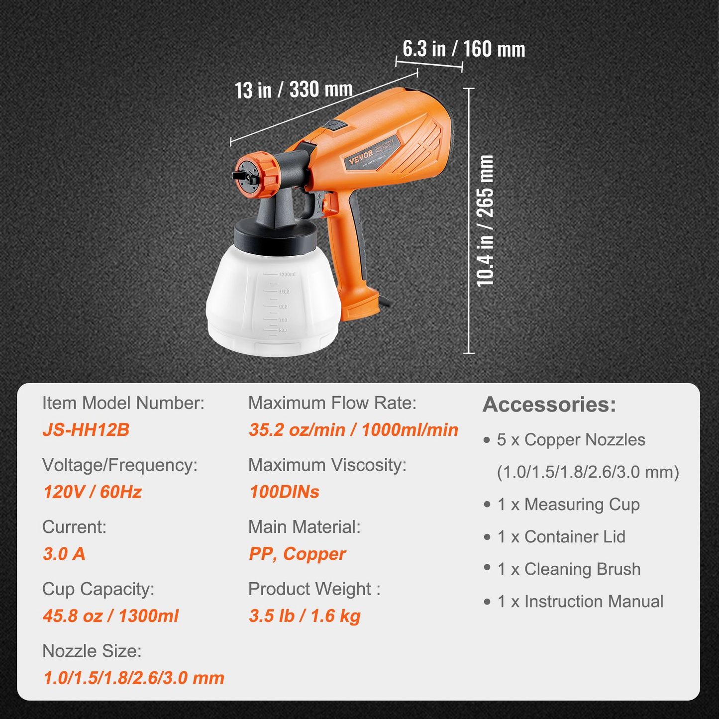 VEVOR 700W Electric Paint Sprayer with 1300ml Container - HVLP Spray Gun with 5 Copper Nozzles - Ideal for Home Interior, Exterior, House Painting, and Furniture - Includes 3 Spray Patterns