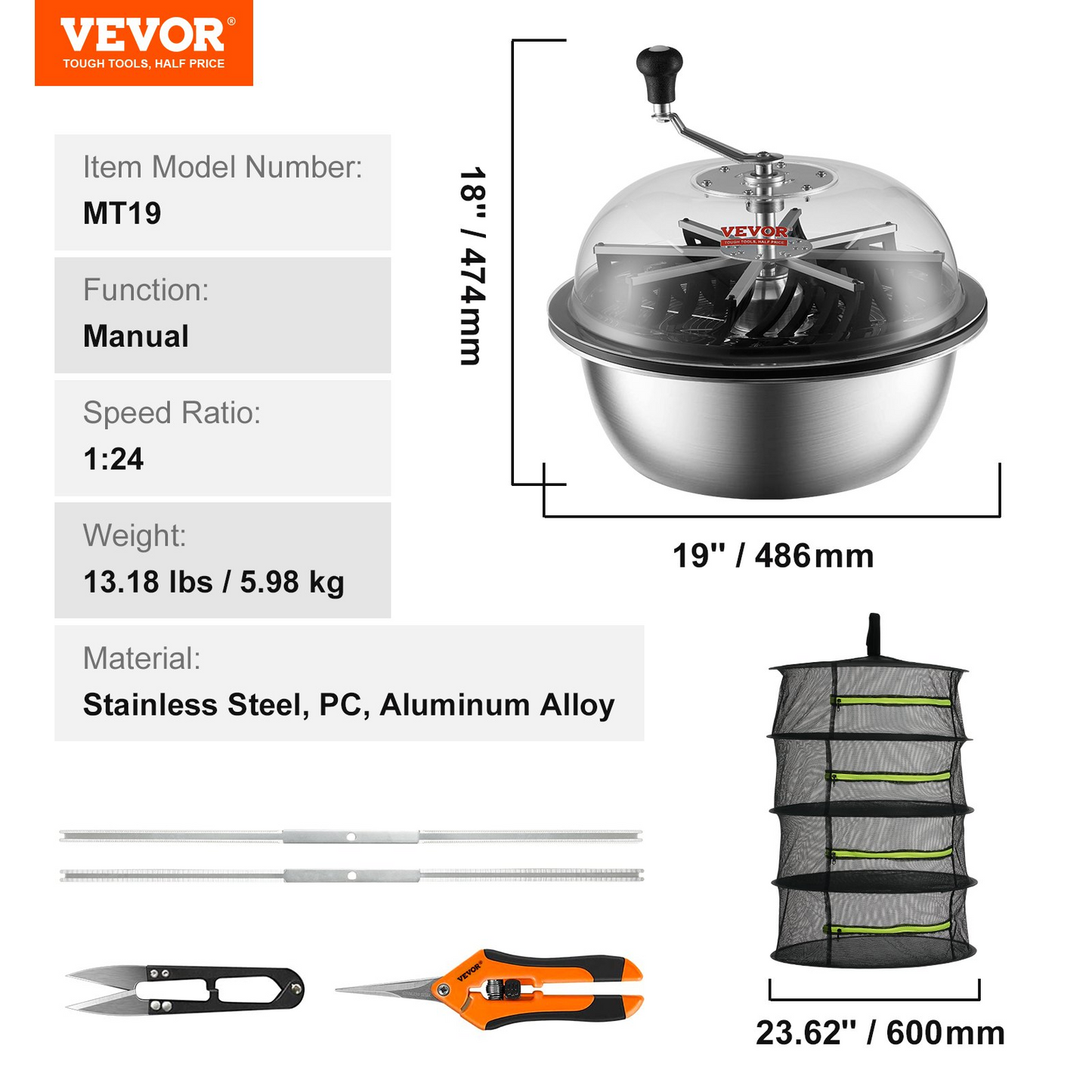 VEVOR Leaf Bowl Trimmer, 19'' Trimmer Bowl, Manual Bud Trimmer with Stainless-Steel Blades for Twisted Spin Cut, Clear Visibility Dome, Foldable Herb Drying Rack and Hand Pruner Included