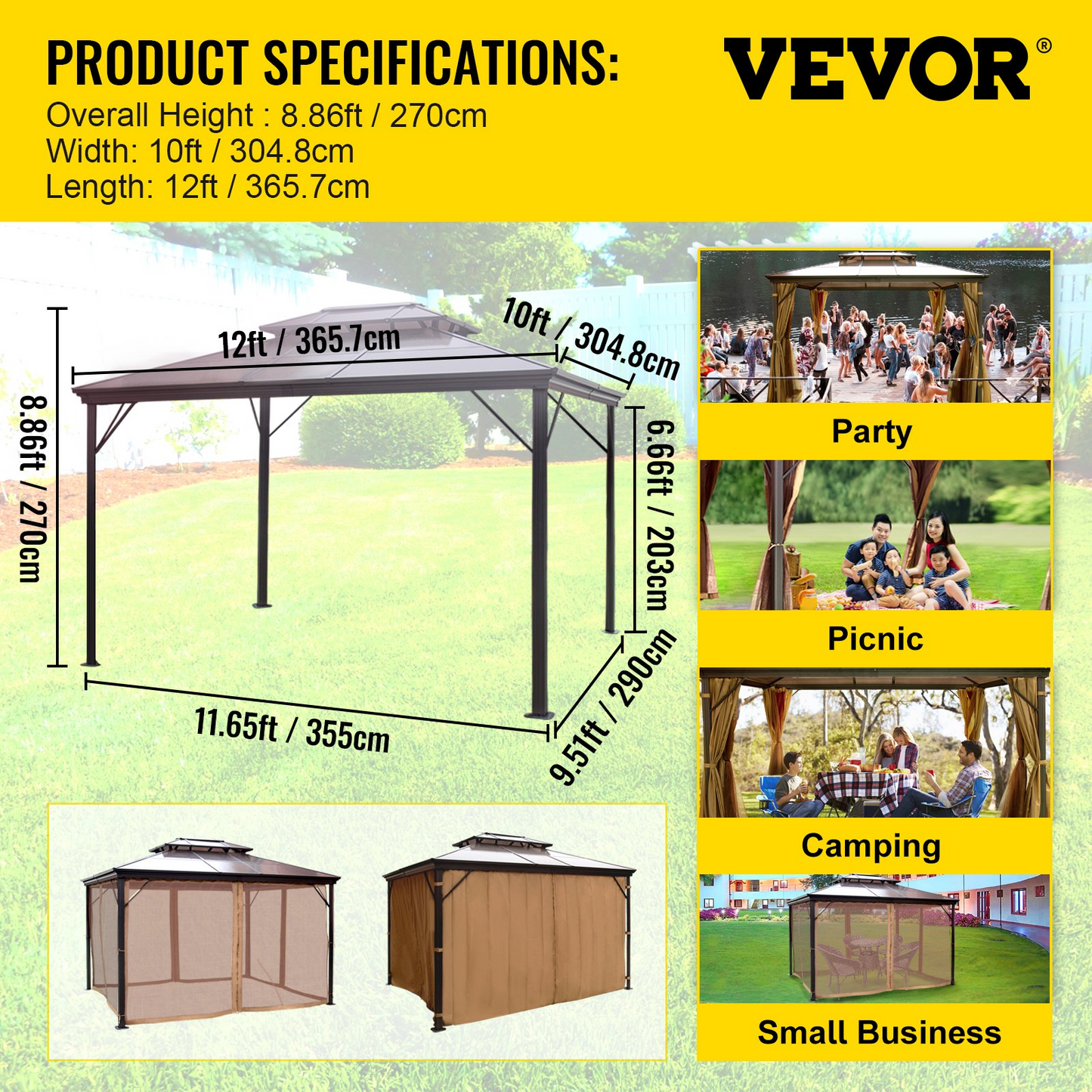 VEVOR Hardtop Gazebo 10' x 12' with Netting - Metal Gazebo Aluminum Permanent Double Tier Roof- Gazebos for Patios, Backyard, Outdoor and Lawn