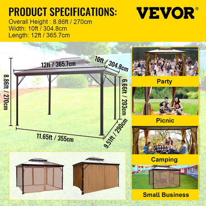 VEVOR Hardtop Gazebo 10' x 12' with Netting - Metal Gazebo Aluminum Permanent Double Tier Roof- Gazebos for Patios, Backyard, Outdoor and Lawn