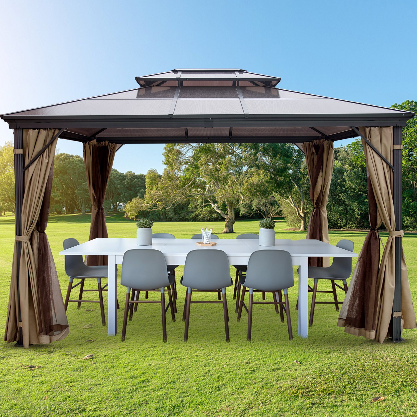 VEVOR Hardtop Gazebo 10' x 12' with Netting - Metal Gazebo Aluminum Permanent Double Tier Roof- Gazebos for Patios, Backyard, Outdoor and Lawn