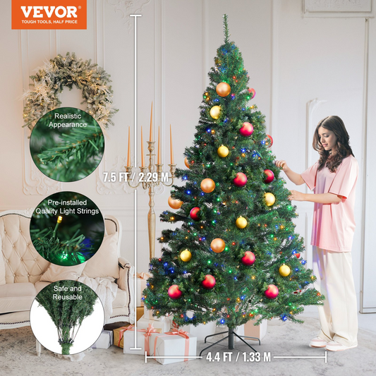 VEVOR Christmas Tree, 7.5ft Prelit Artificial Xmas Tree, Full Holiday Decor Tree with 550 Multi-Color LED Lights, 1346 Branch Tips, Metal Base for Home Party Office Decoration