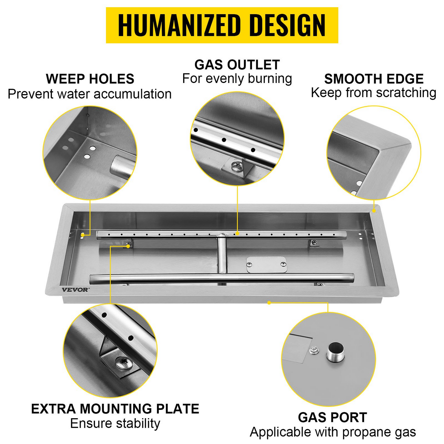 VEVOR 25.5x10 Inch Stainless Steel Rectangular Built-in Fire Pit Pan with H-Burner 90K BTU, Silver