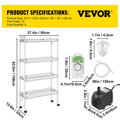 VEVOR Hydroponics Growing System, 72 Sites 8 Food-Grade PVC-U Pipes, 4 Layers Indoor Planting Kit with Water Pump, Timer, Nest Basket, Sponge, for Fruits, Vegetables, Herbs, White