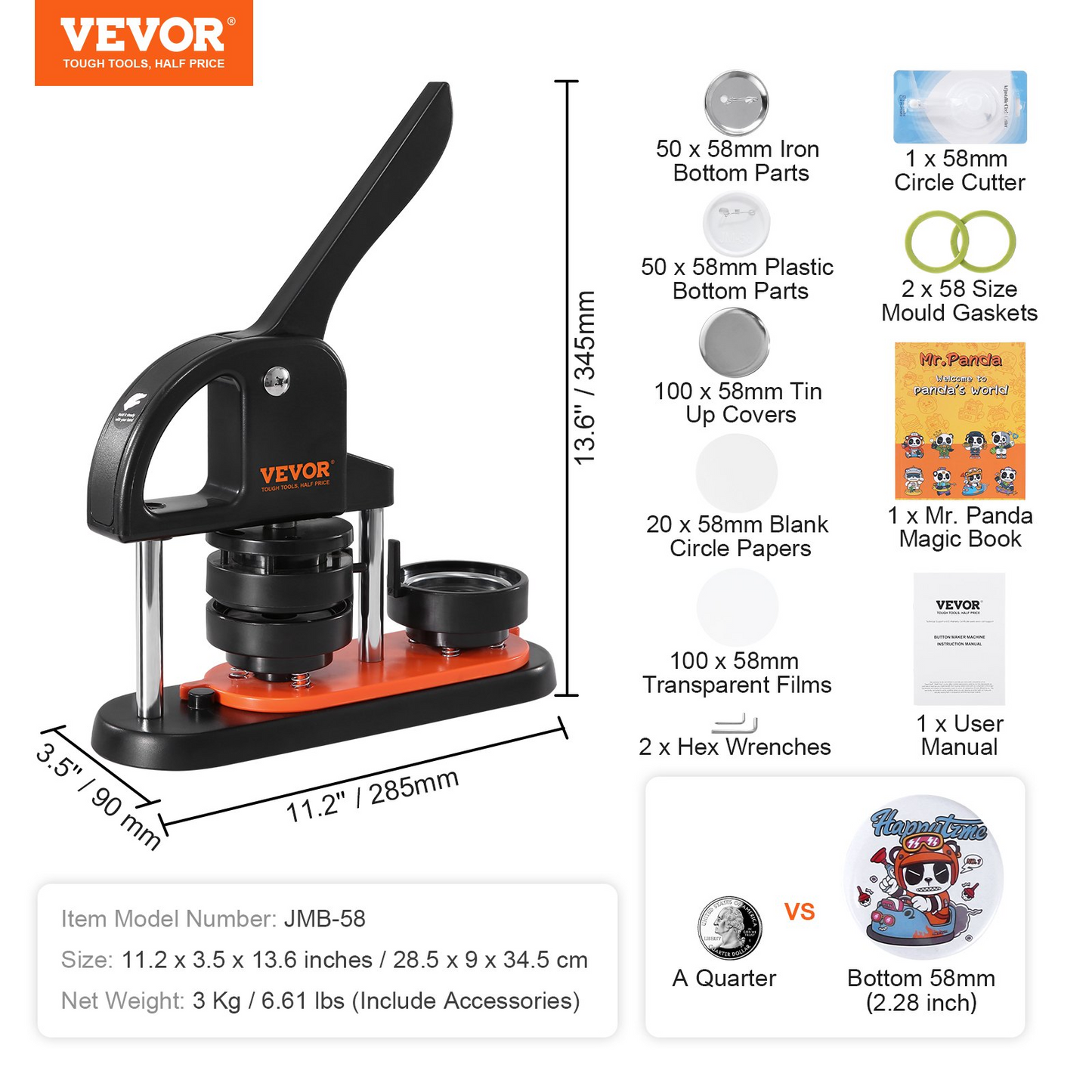 VEVOR Button Maker Machine, 2.28 inch/58mm Pin Maker with 100pcs Button Parts, Button Maker with Panda Magic Book, Ergonomic Arc Handle Punch Press Kit, For Children DIY Gifts and Christmas