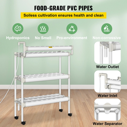 VEVOR Hydroponics Growing System, 90 Sites 10 Food-Grade PVC-U Pipes, 3 Layers Indoor Planting Kit with Water Pump, Timer, Nest Basket, Sponge, for Fruits, Vegetables, Herbs, White