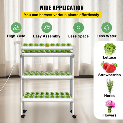 VEVOR Hydroponics Growing System, 90 Sites 10 Food-Grade PVC-U Pipes, 3 Layers Indoor Planting Kit with Water Pump, Timer, Nest Basket, Sponge, for Fruits, Vegetables, Herbs, White