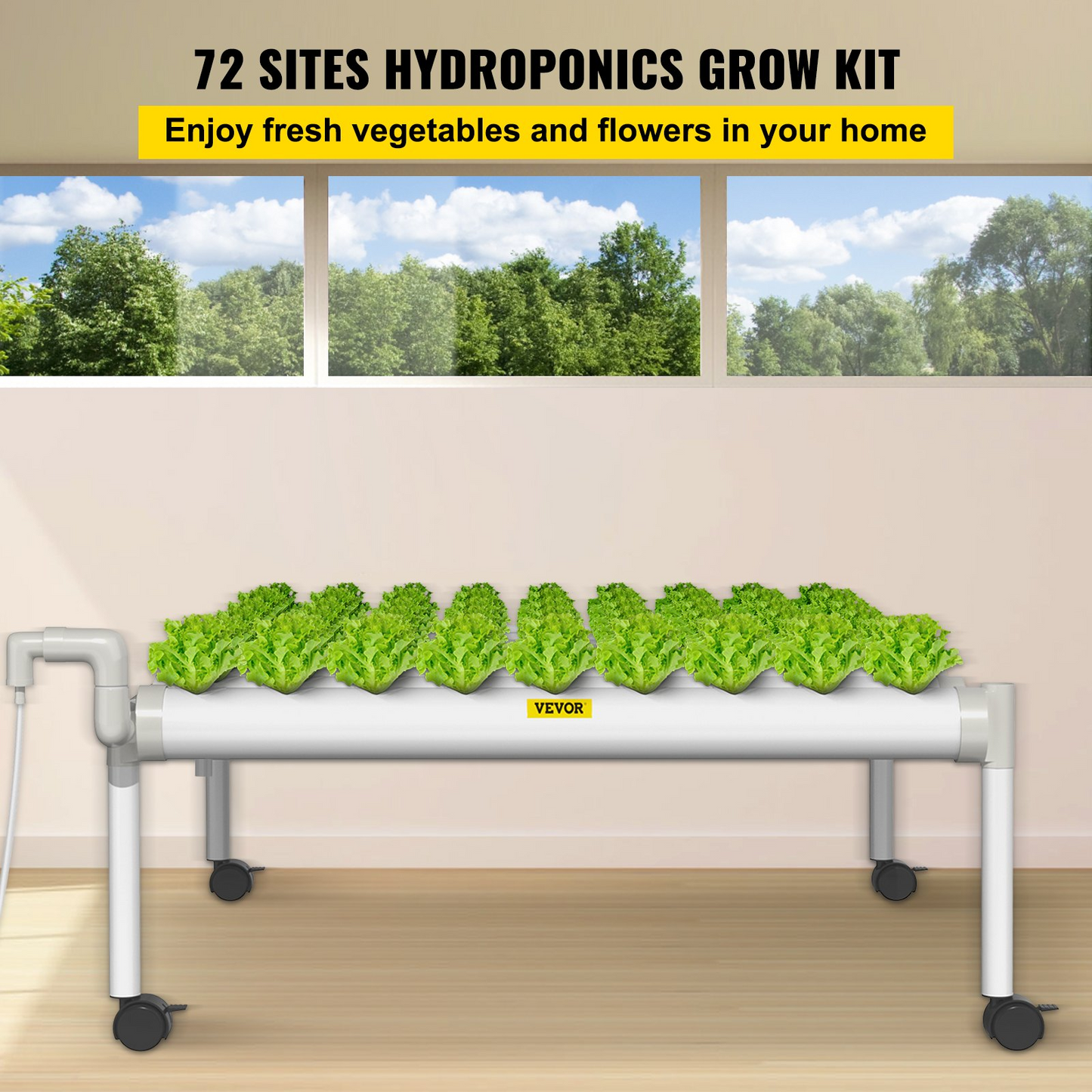 VEVOR Hydroponics Growing System, 72 Sites 8 Food-Grade PVC-U Pipes, 1 Layer Indoor Planting Kit with Water Pump, Timer, Nest Basket, Sponge for Fruits, Vegetables, Herb, White