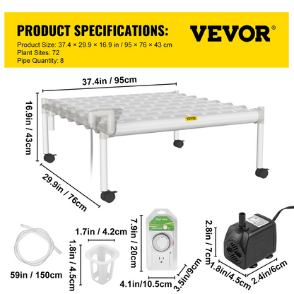 VEVOR Hydroponics Growing System, 72 Sites 8 Food-Grade PVC-U Pipes, 1 Layer Indoor Planting Kit with Water Pump, Timer, Nest Basket, Sponge for Fruits, Vegetables, Herb, White