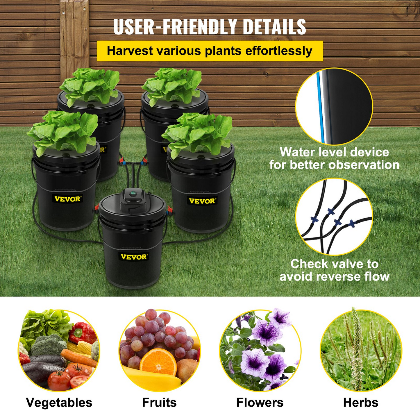 VEVOR Hydroponics Deep Water Culture DWC Hydroponic System 5 Gallon 5 Buckets