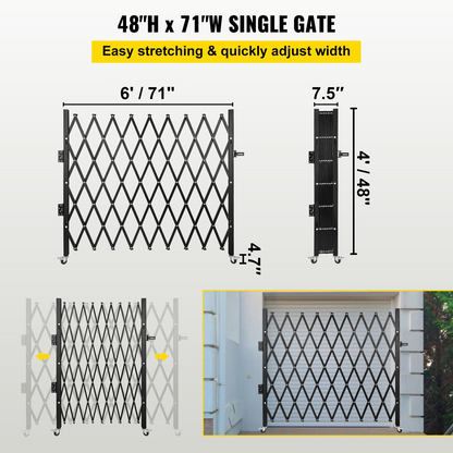 VEVOR Single Folding Security Gate, 48" H x 71" W Folding Door Gate, Steel Accordion Security Gate, Flexible Expanding Security Gate, 360° Rolling Barricade Gate, Scissor Gate or Door with Padlock