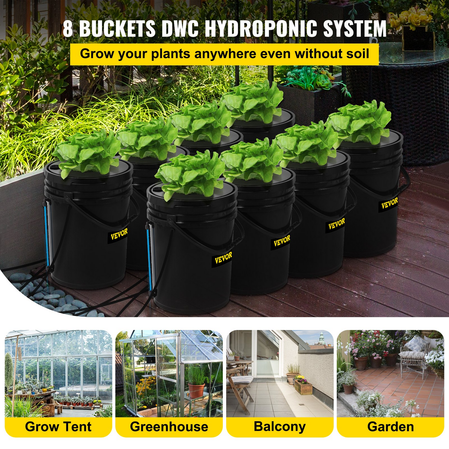 VEVOR DWC Hydroponic System, 5 Gallon 8 Buckets, Deep Water Culture Growing Bucket, Hydroponics Grow Kit with Pump, Air Stone and Water Level Device, for Indoor/Outdoor Leafy Vegetables