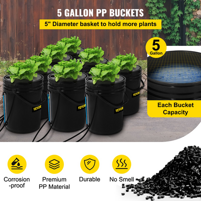 VEVOR DWC Hydroponic System, 5 Gallon 8 Buckets, Deep Water Culture Growing Bucket, Hydroponics Grow Kit with Pump, Air Stone and Water Level Device, for Indoor/Outdoor Leafy Vegetables