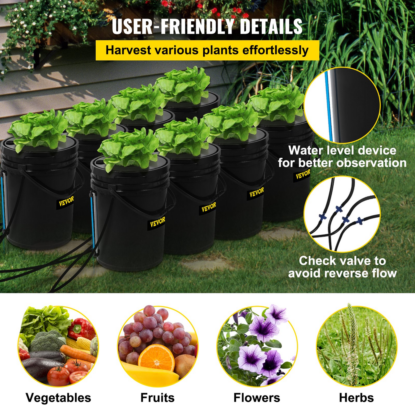 VEVOR DWC Hydroponic System, 5 Gallon 8 Buckets, Deep Water Culture Growing Bucket, Hydroponics Grow Kit with Pump, Air Stone and Water Level Device, for Indoor/Outdoor Leafy Vegetables