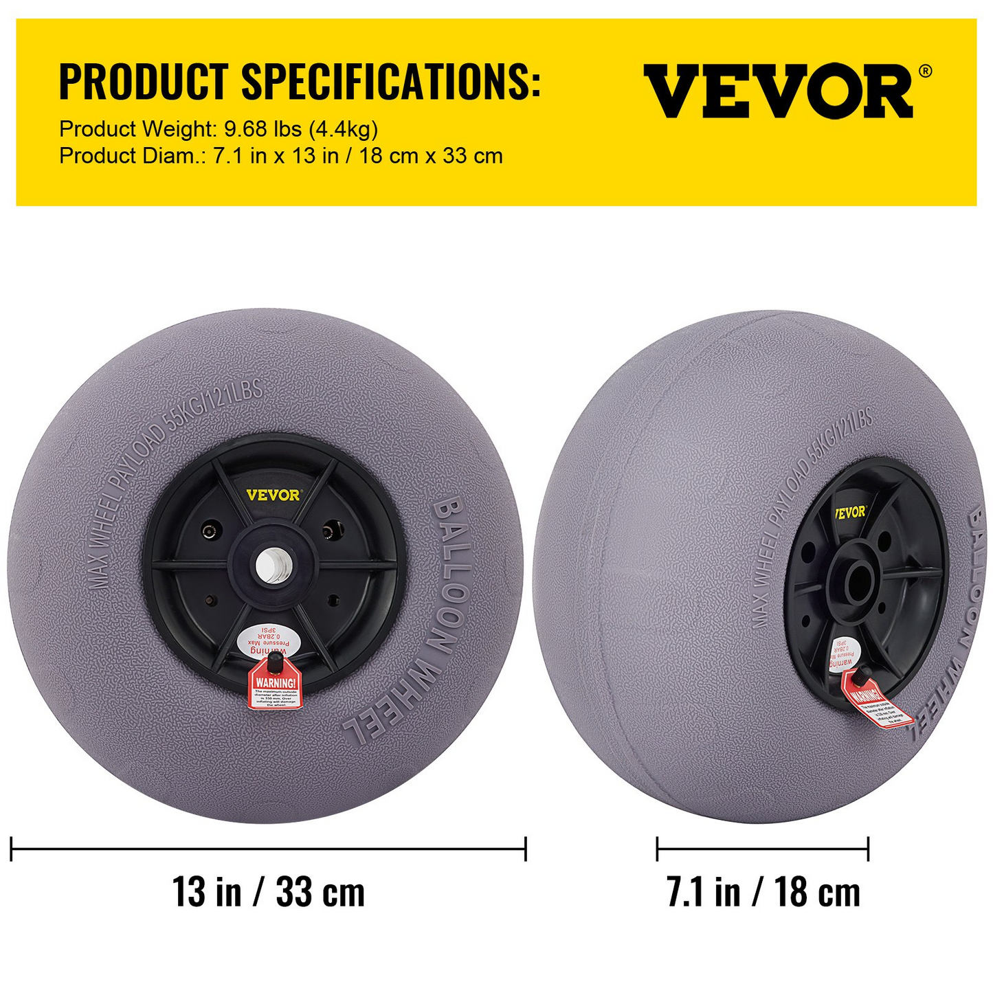 VEVOR Beach Balloon Wheels, 13" Replacement Sand Tires, TPU Cart Tires for Kayak Dolly, Canoe Cart and Buggy w/Free Air Pump, 2-Pack