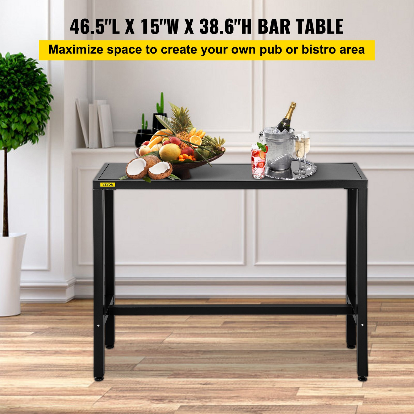 VEVOR Outdoor Bar Table, 46.5" L x 15" W x 38.6" H, Narrow Rectangular Height Pub Station, Sturdy Metal Frame Tall Counter with Adjustable Feet, for Patio, Balcony, Dinning Room, Bistro, Garden, Black