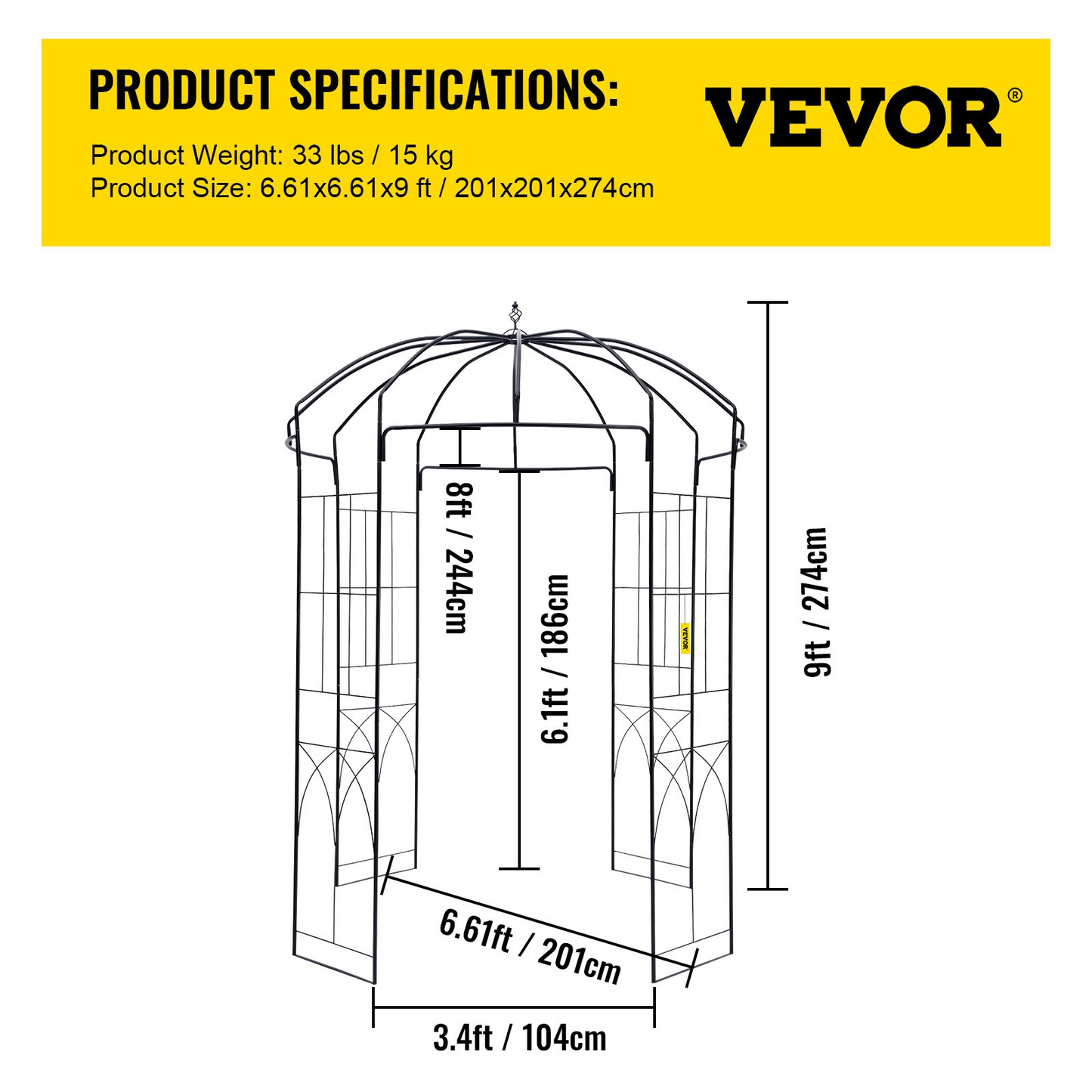 VEVOR Birdcage Shape Garden Arbor, 9' High x 6.6' Wide, Heavy Duty Wrought Iron Arbor, Wedding Arch Trellis for Climbing Vines in Outdoor Garden, Lawn, Backyard, Patio, Black