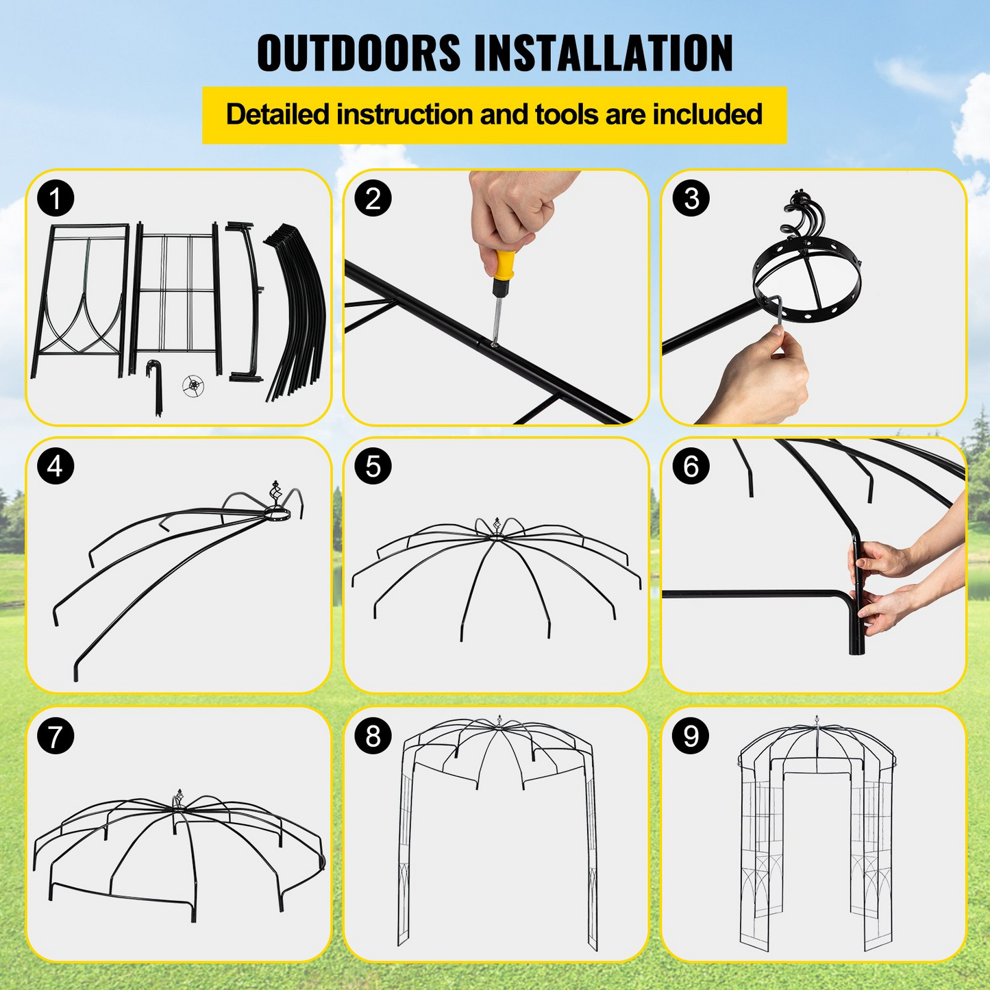 VEVOR Birdcage Shape Garden Arbor,8' High x 5.2' Wide, Heavy Duty Wrought Iron Arbor, Wedding Arch Trellis for Climbing Vines in Outdoor Garden, Lawn, Backyard, Patio, Black