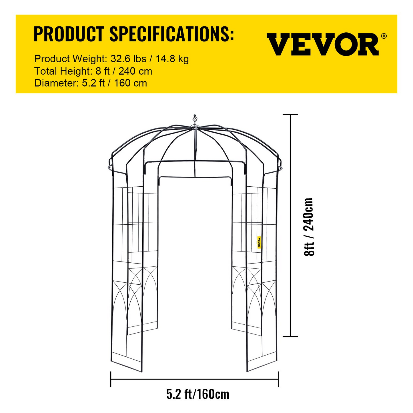 VEVOR Birdcage Shape Garden Arbor,8' High x 5.2' Wide, Heavy Duty Wrought Iron Arbor, Wedding Arch Trellis for Climbing Vines in Outdoor Garden, Lawn, Backyard, Patio, Black