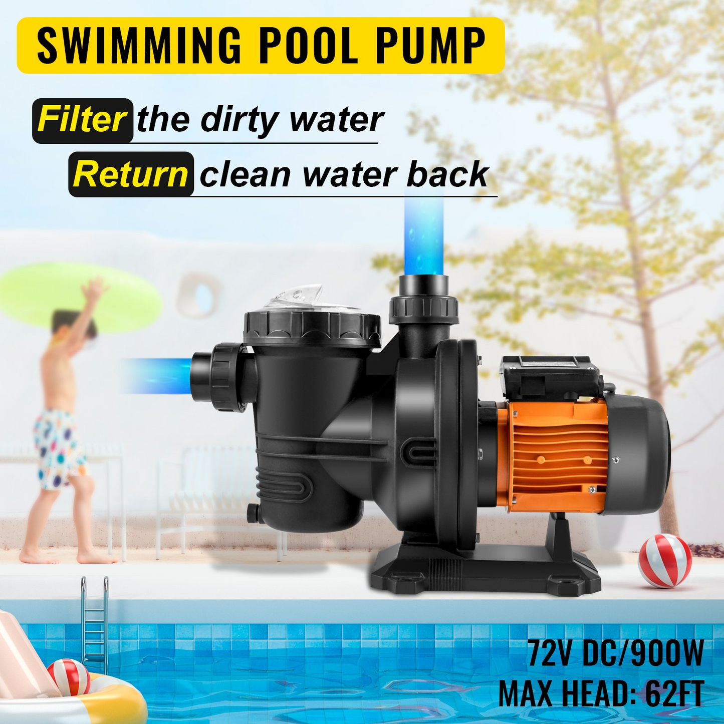 VEVOR Pool Pump Swimming Pool Pump 72V DC/900W Solar Water Pump 62 FT/92 GPM