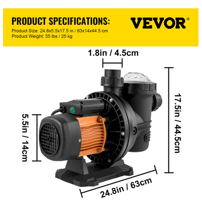 VEVOR Pool Pump Swimming Pool Pump 72V DC/1200W Solar Water Pump 62 FT/136 GPM