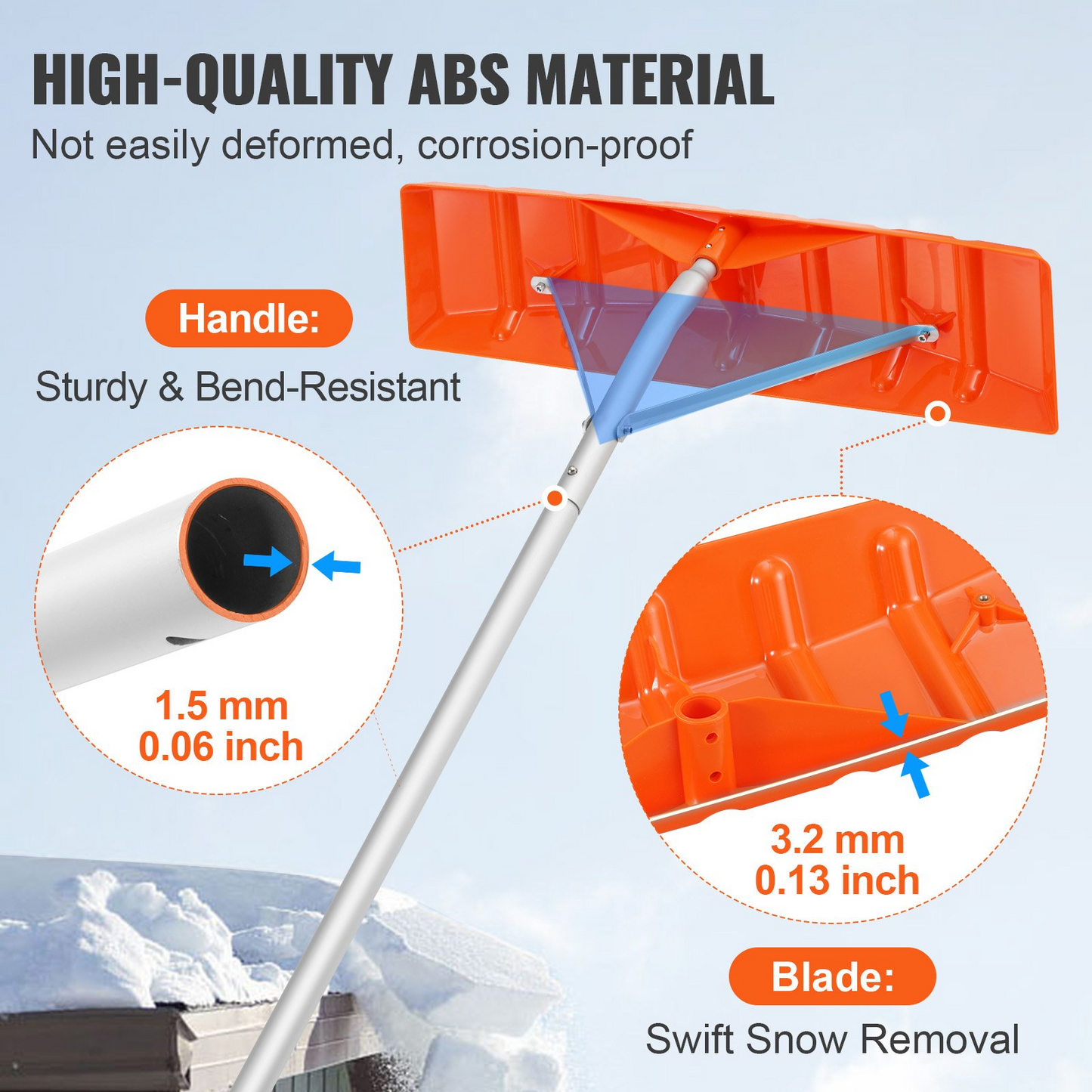 VEVOR Snow Roof Rake, 25" Plastic Blade Snow Removal Tool, 21ft Reach Aluminium Handle, Superior Roof Shovel with Anti-Slip Handle Grip, Easy to Setup & Use for House Roof, Car Snow, Wet Leaves