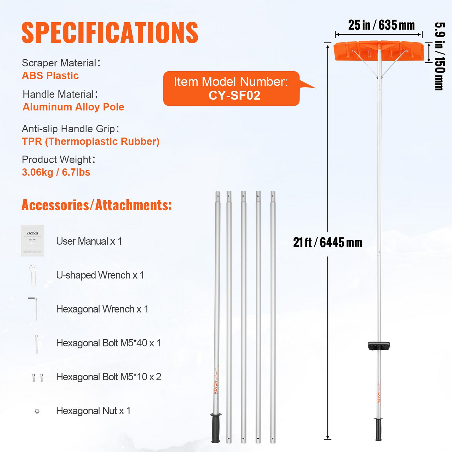 VEVOR Snow Roof Rake, 25" Plastic Blade Snow Removal Tool, 21ft Reach Aluminium Handle, Superior Roof Shovel with Anti-Slip Handle Grip, Easy to Setup & Use for House Roof, Car Snow, Wet Leaves