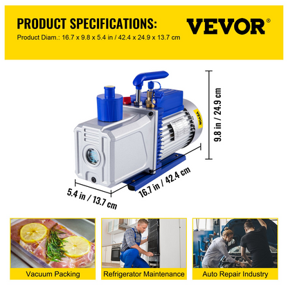 VEVOR Vacuum Pump 12CFM 1HP Vane Vacuum Pump Two Stage 3 x 10-1 Pa Ultimate HVAC Rotary Auto AC Refrigerant Vacuum Pump, for Automobile Reparation Vacuum Evacuation