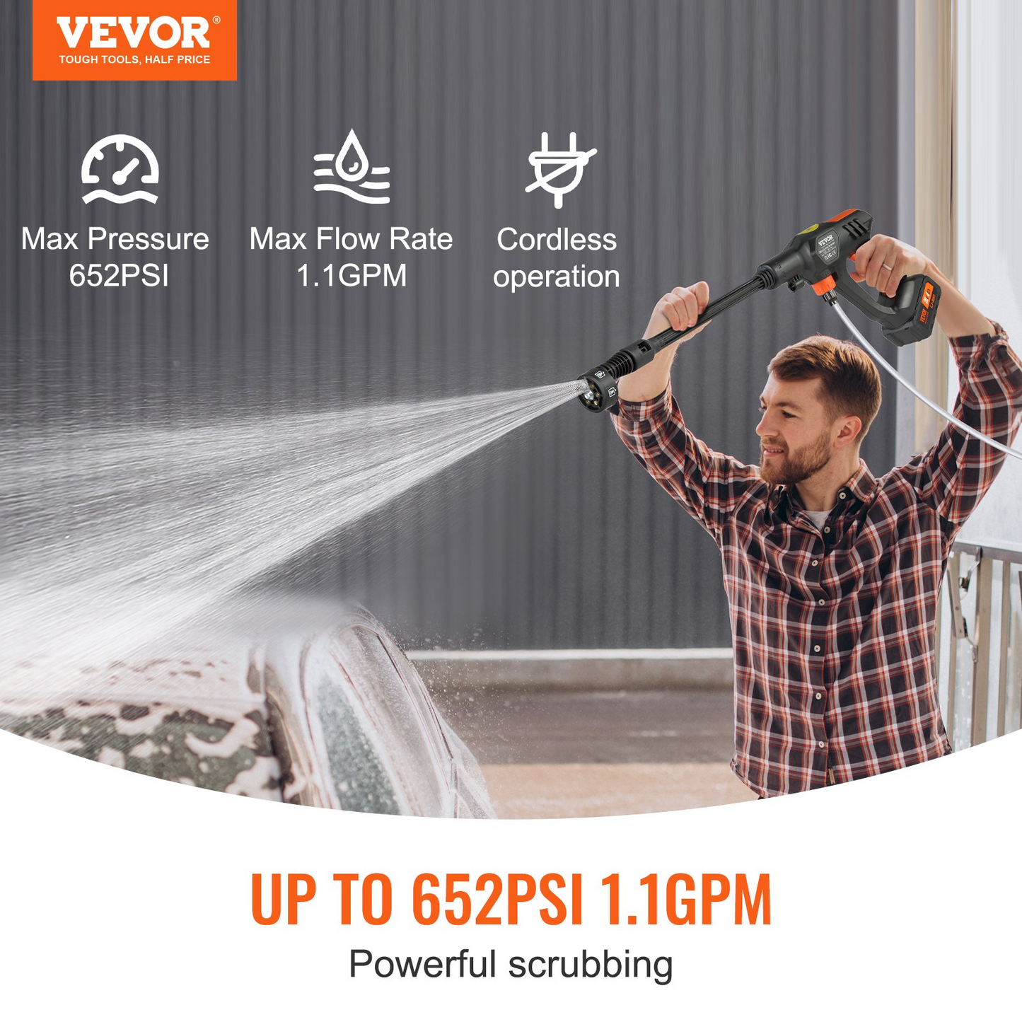 VEVOR Cordless Pressure Washer, 652-PSI 1.1 GPM Portable Power Cleaner, Handheld High-Pressure Car Washer Gun with 4.0Ah Battery, Charger, 6-in-1 Nozzle, for Home/Floor Cleaning & Watering