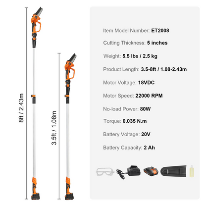 VEVOR 2-in-1 Cordless Pole Saw & Mini Chainsaw, 20V 2Ah Battery Pole Chainsaw, 5" Cutting Capacity 8 ft Reach Pole Saw for Branch Cutting & Tree Trimming (Battery and Blade Cover Included)