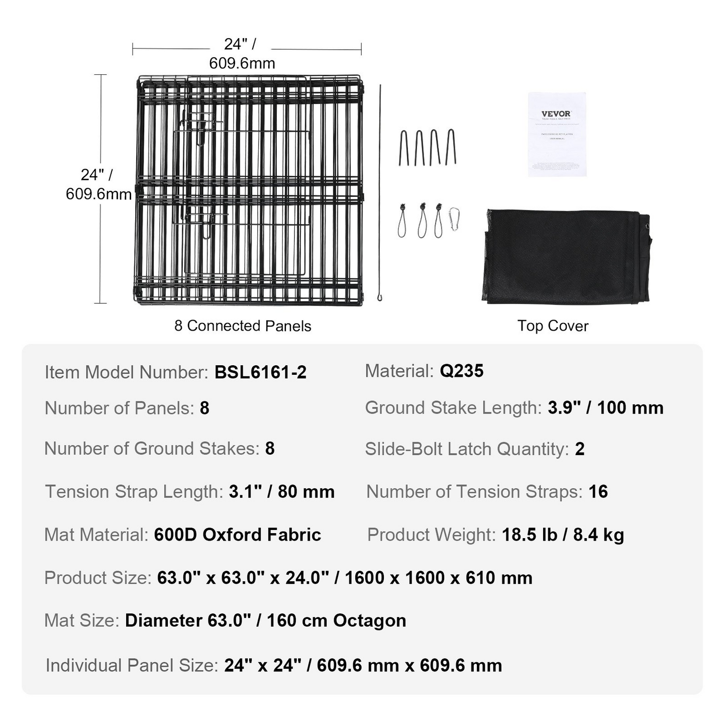 VEVOR Dog Playpen, 8 Panels Foldable Metal Dog Exercise Pen with Top Cover, 24" H Pet Fence Puppy Crate Kennel with Ground Stakes, Indoor Outdoor Dog Pen for Small Medium Pets, for Camping, Yard