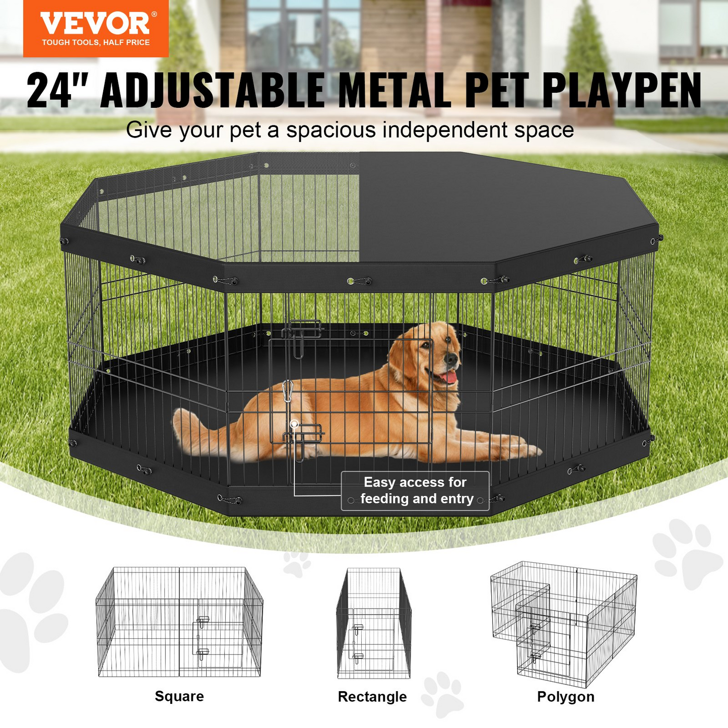 VEVOR Dog Playpen, 8 Panels Foldable Metal Dog Exercise Pen with Top Cover and Bottom Pad, 24" H Pet Fence Puppy Crate Kennel, Indoor Outdoor Dog Pen for Small Medium Pets, for Camping, Yard