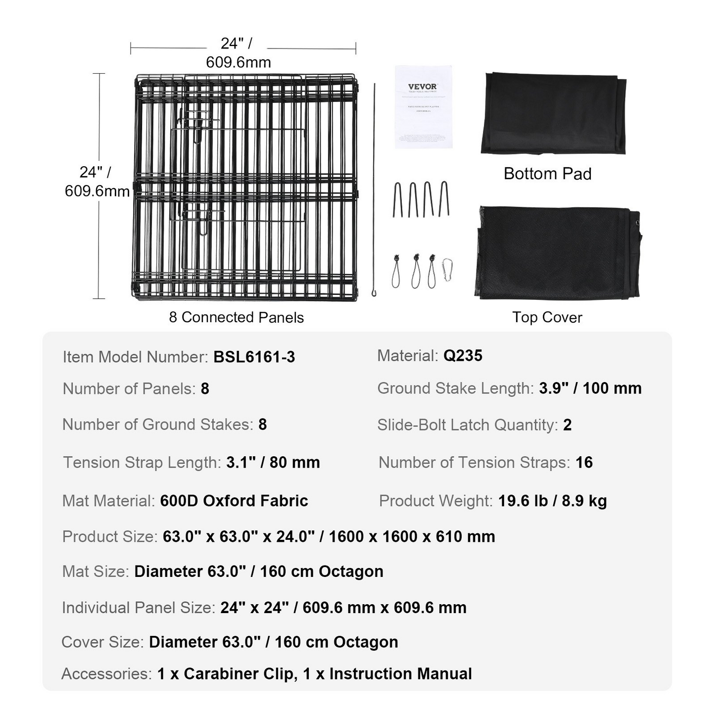 VEVOR Dog Playpen, 8 Panels Foldable Metal Dog Exercise Pen with Top Cover and Bottom Pad, 24" H Pet Fence Puppy Crate Kennel, Indoor Outdoor Dog Pen for Small Medium Pets, for Camping, Yard