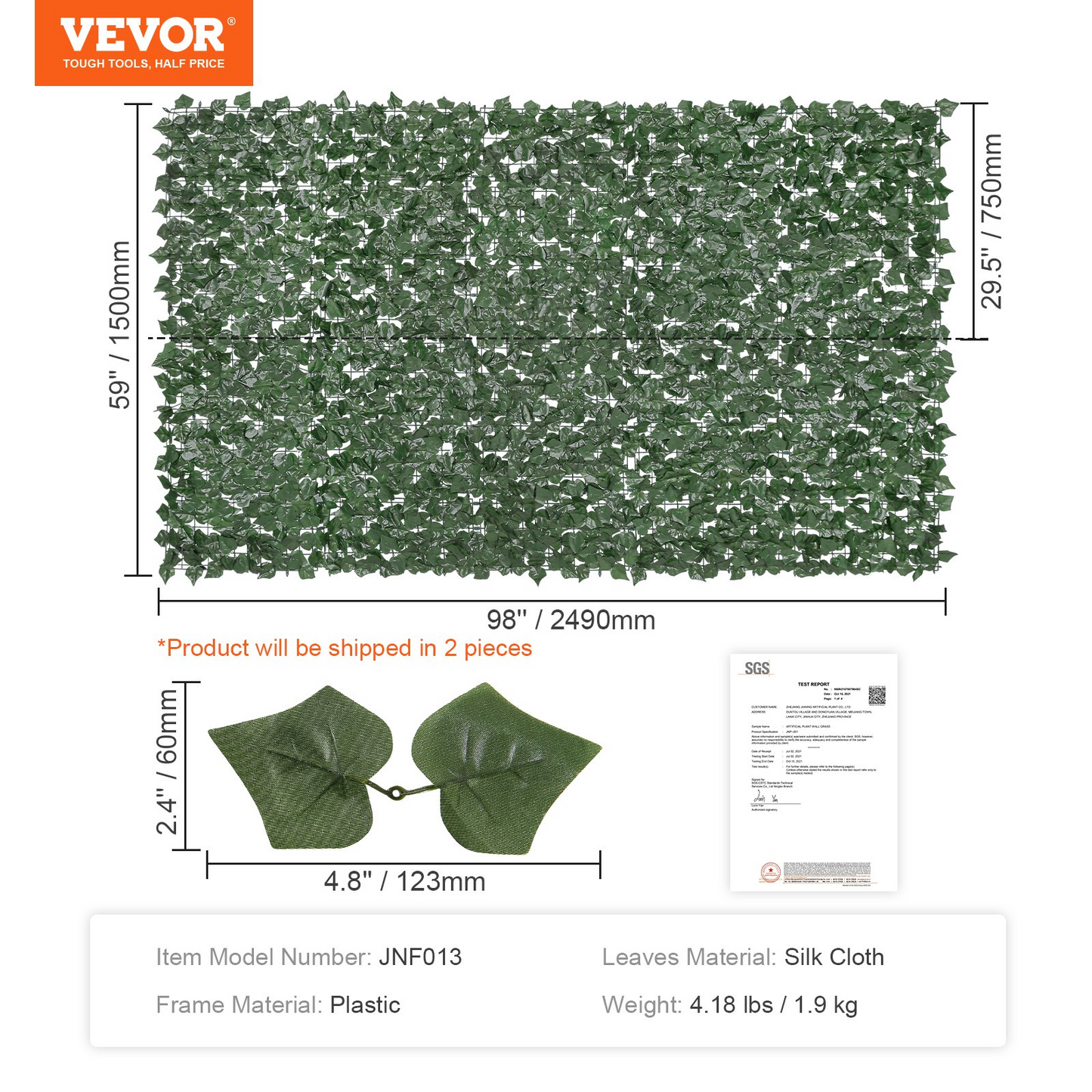 VEVOR Ivy Privacy Fence, 59 x 98 in Artificial Green Wall Screen, Greenery Ivy Fence with Strengthened Joint, Faux Hedges Vine Leaf Decoration for Outdoor Garden, Yard, Balcony, Patio Decor