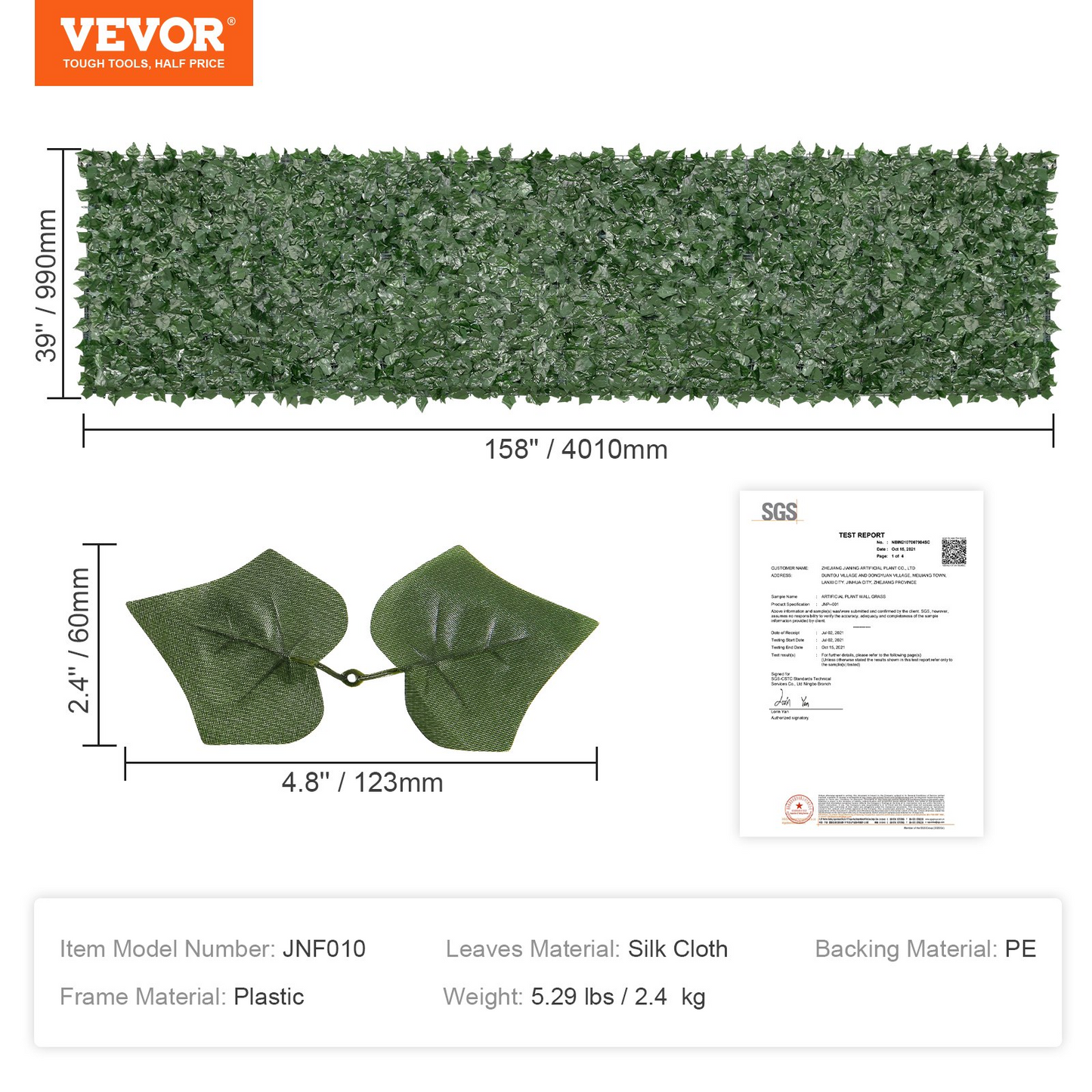 VEVOR Ivy Privacy Fence, 39 x 158in Artificial Green Wall Screen, Greenery Ivy Fence with Mesh Cloth Backing and Strengthened Joint, Faux Hedges Vine Leaf Decoration for Outdoor Garden, Yard, Balcony