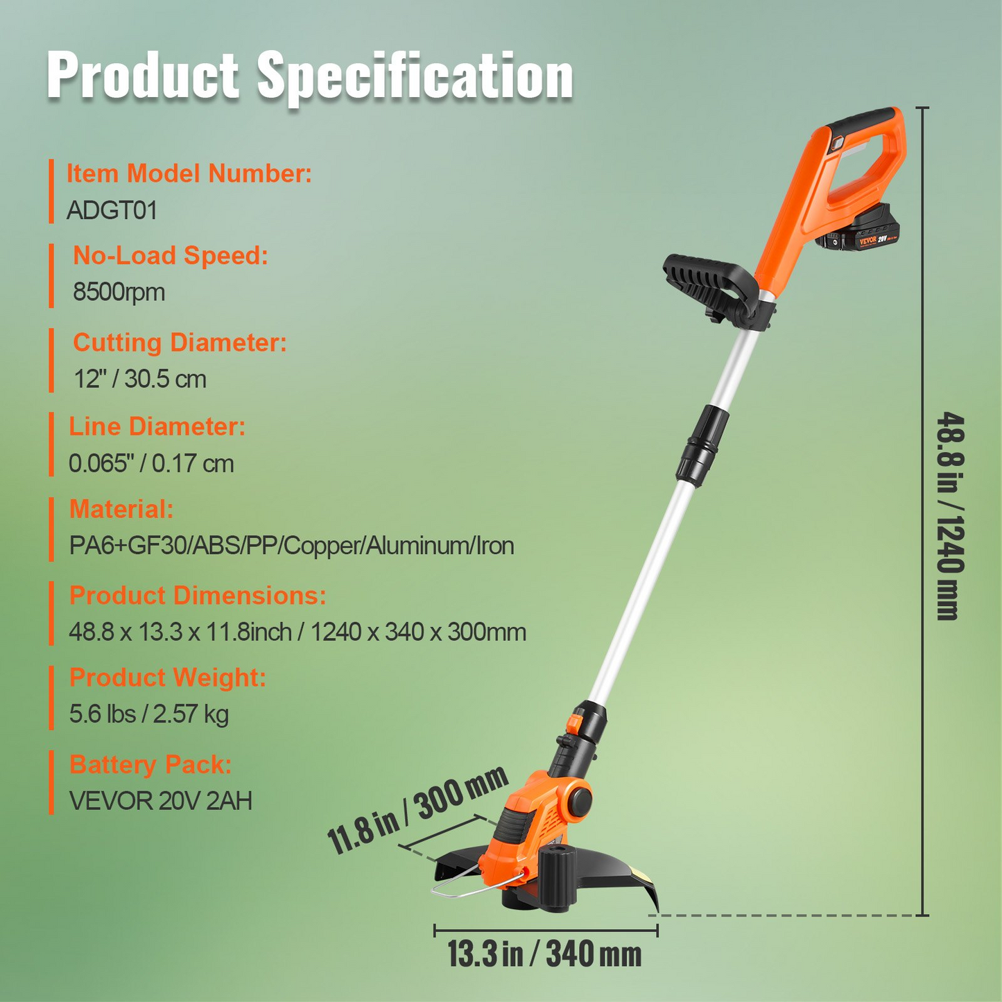 VEVOR Cordless String Trimmer, 12" 20 V Battery Powered Weed Eater With Auto Feed, 3 Spools, Battery and Charger Included, Cordless Weed Wacker for Trimming and Edging, for Lawns, Orchards, Driveways