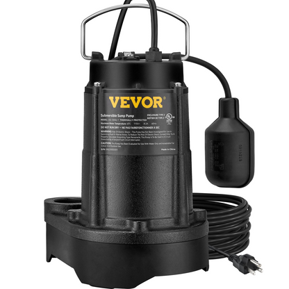 VEVOR Submersible Sump Pump Water Pump 1/2HP 3960GPH Cast Iron w/ Float Basement