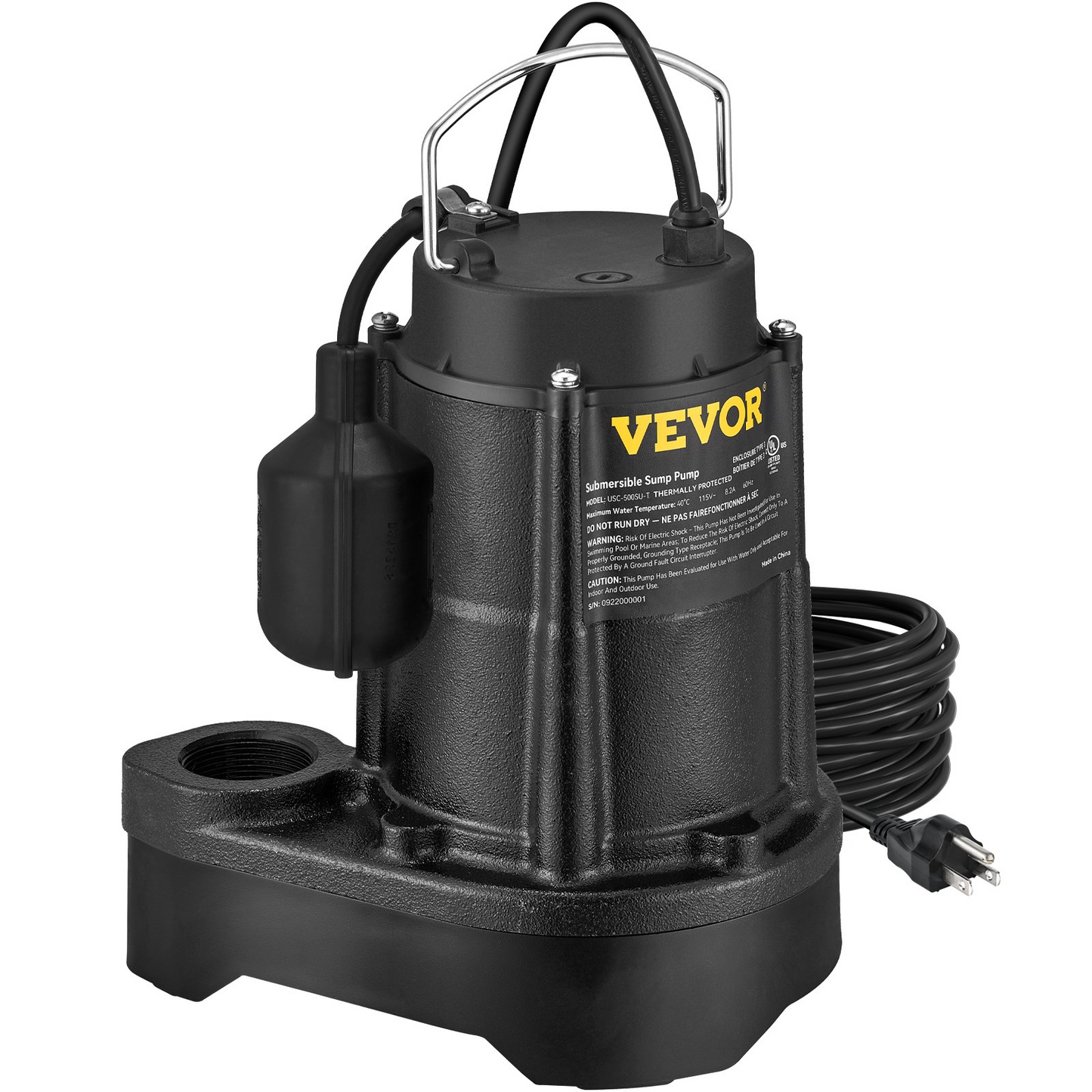 VEVOR Submersible Sump Pump Water Pump 1/2HP 3960GPH Cast Iron w/ Float Basement