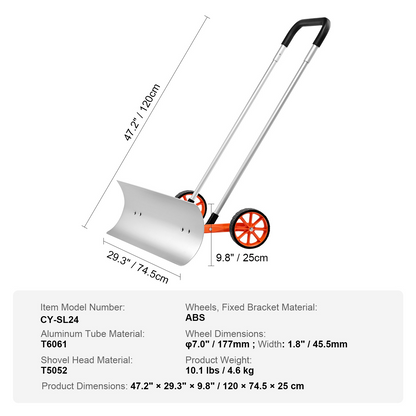 VEVOR Snow Shovel with Wheels, 30 inch Snow Shovel for Driveway, Metal Snow Shovel Pusher for Snow Removal, Heavy Duty Shovel Pusher with Wide Blade and U-shaped Aluminum Alloy Handle