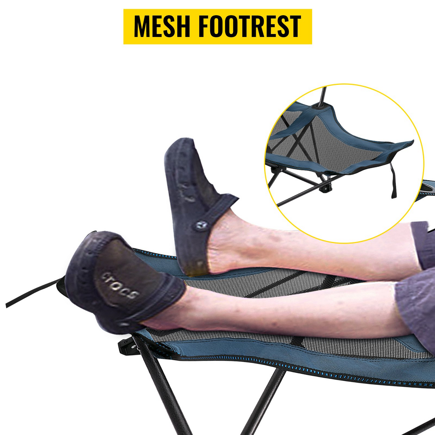 VEVOR Folding Camp Chair with Footrest Mesh, Portable Lounge Chair with Cup Holder and Storage Bag, for Camping Fishing and Other Outdoor Activities (Blue)