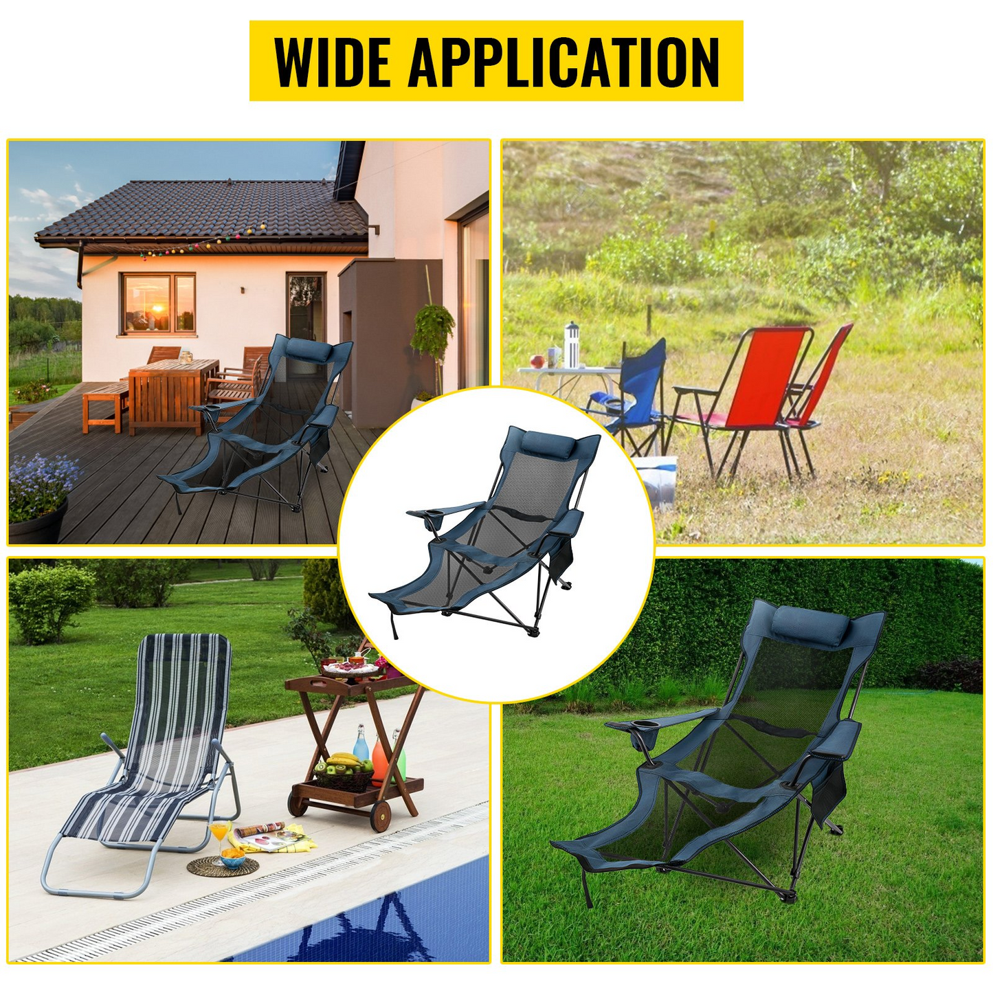 VEVOR Folding Camp Chair with Footrest Mesh, Portable Lounge Chair with Cup Holder and Storage Bag, for Camping Fishing and Other Outdoor Activities (Blue)