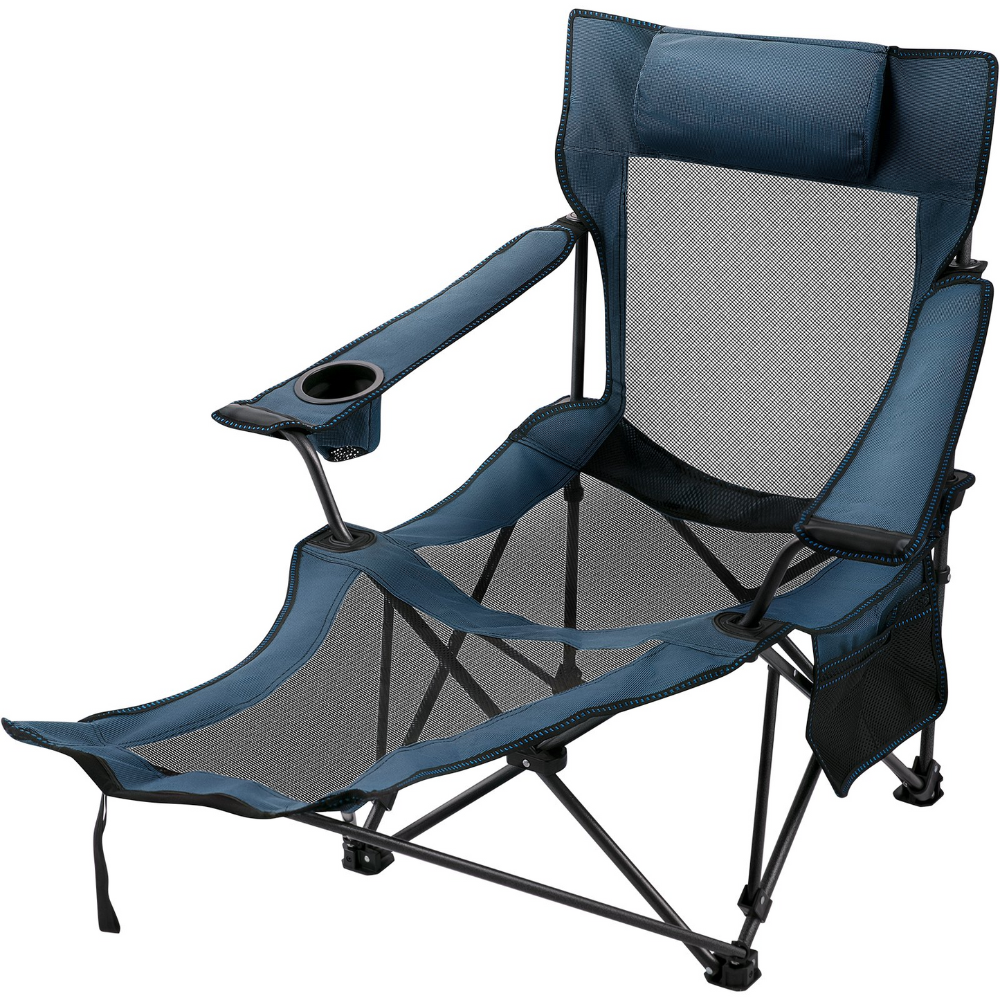 VEVOR Folding Camp Chair with Footrest Mesh, Portable Lounge Chair with Cup Holder and Storage Bag, for Camping Fishing and Other Outdoor Activities (Blue)