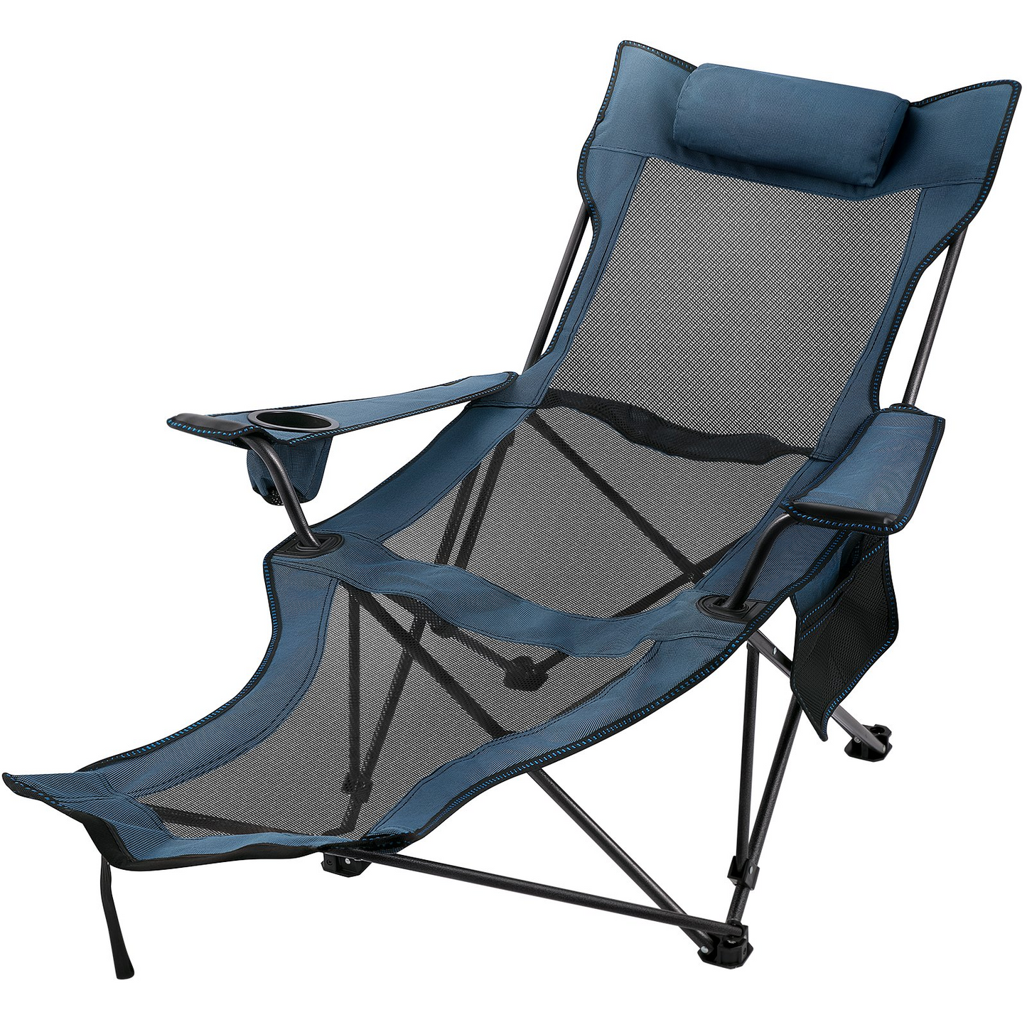 VEVOR Folding Camp Chair with Footrest Mesh, Portable Lounge Chair with Cup Holder and Storage Bag, for Camping Fishing and Other Outdoor Activities (Blue)