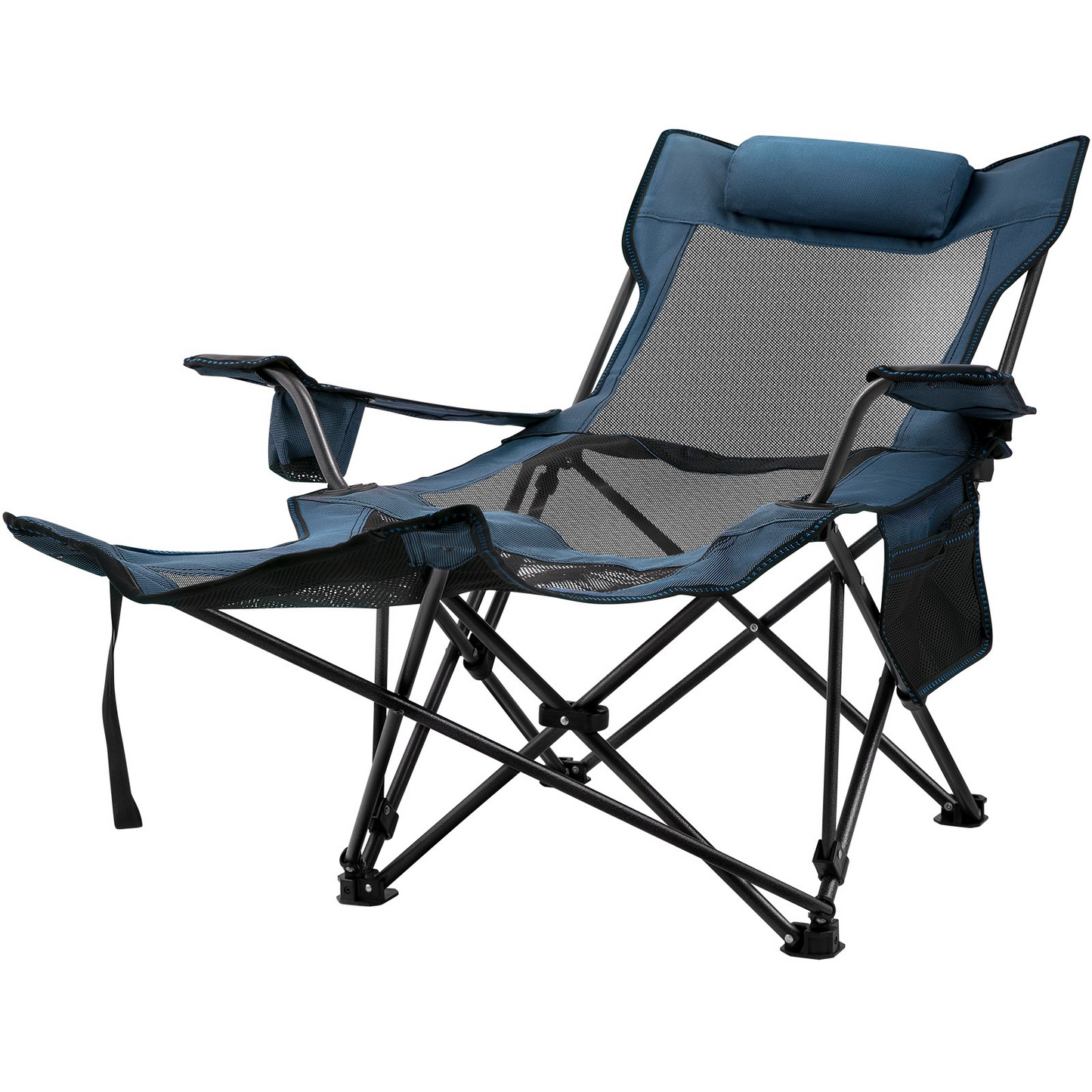 VEVOR Folding Camp Chair with Footrest Mesh, Portable Lounge Chair with Cup Holder and Storage Bag, for Camping Fishing and Other Outdoor Activities (Blue)