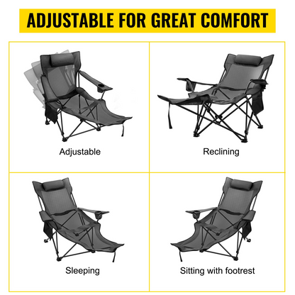 VEVOR Folding Camp Chair with Footrest Mesh, Portable Lounge Chair with Cup Holder and Storage Bag, for Camping Fishing and Other Outdoor Activities (Grey)