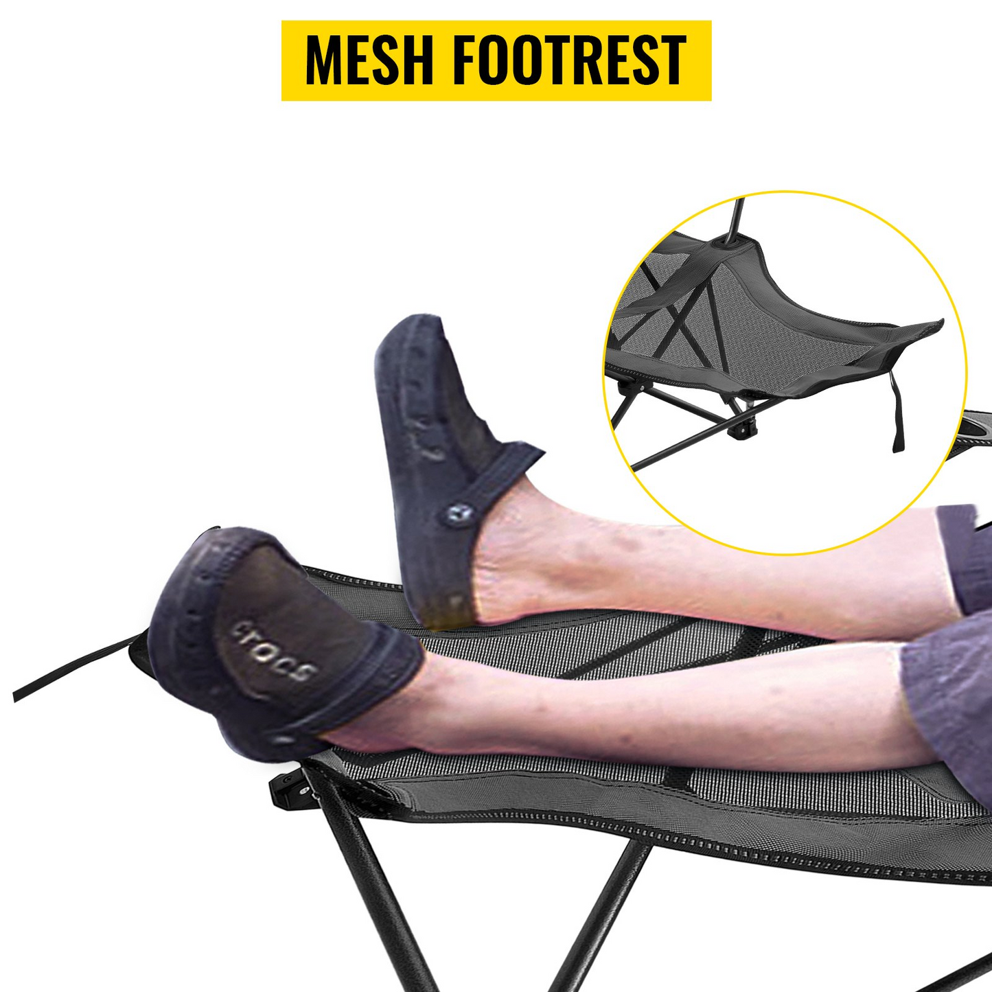 VEVOR Folding Camp Chair with Footrest Mesh, Portable Lounge Chair with Cup Holder and Storage Bag, for Camping Fishing and Other Outdoor Activities (Grey)