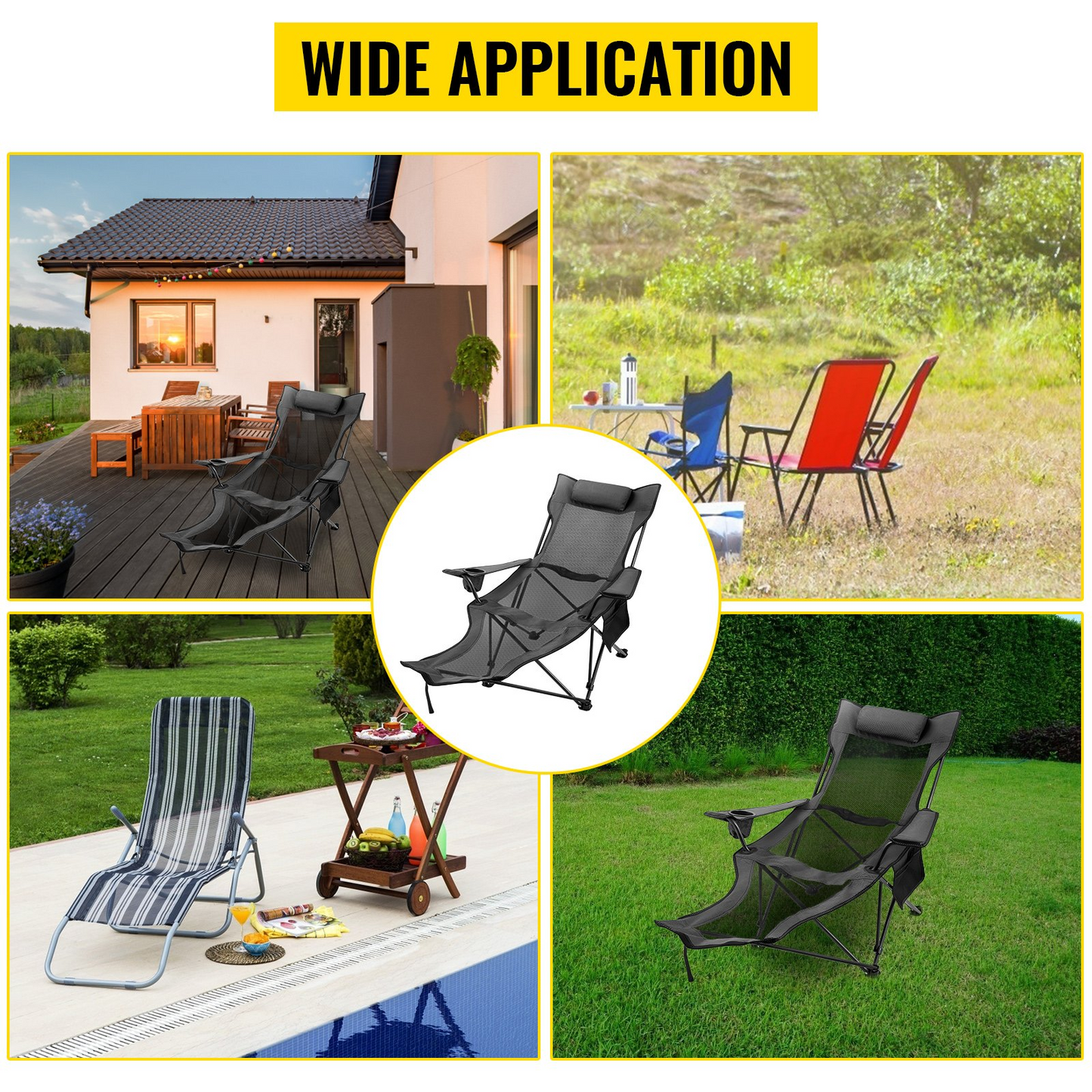 VEVOR Folding Camp Chair with Footrest Mesh, Portable Lounge Chair with Cup Holder and Storage Bag, for Camping Fishing and Other Outdoor Activities (Grey)