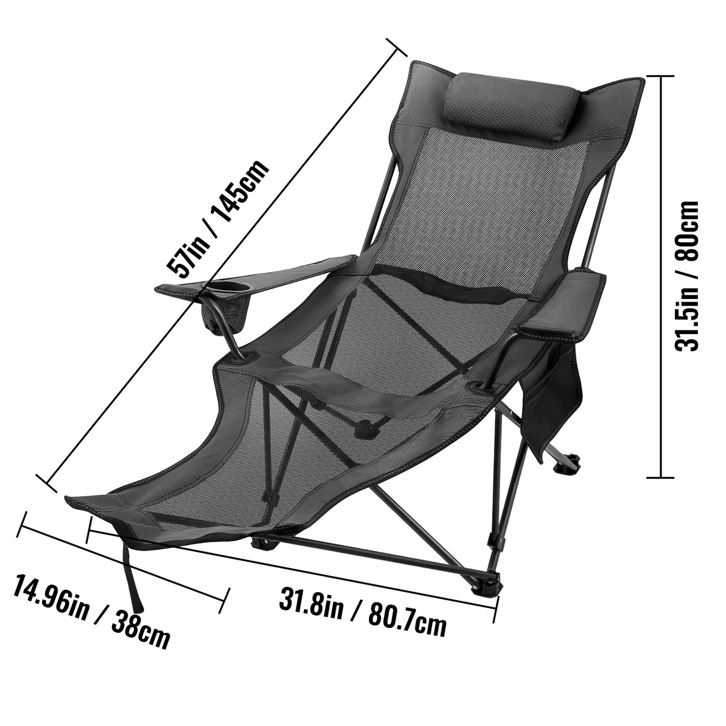 VEVOR Folding Camp Chair with Footrest Mesh, Portable Lounge Chair with Cup Holder and Storage Bag, for Camping Fishing and Other Outdoor Activities (Grey)