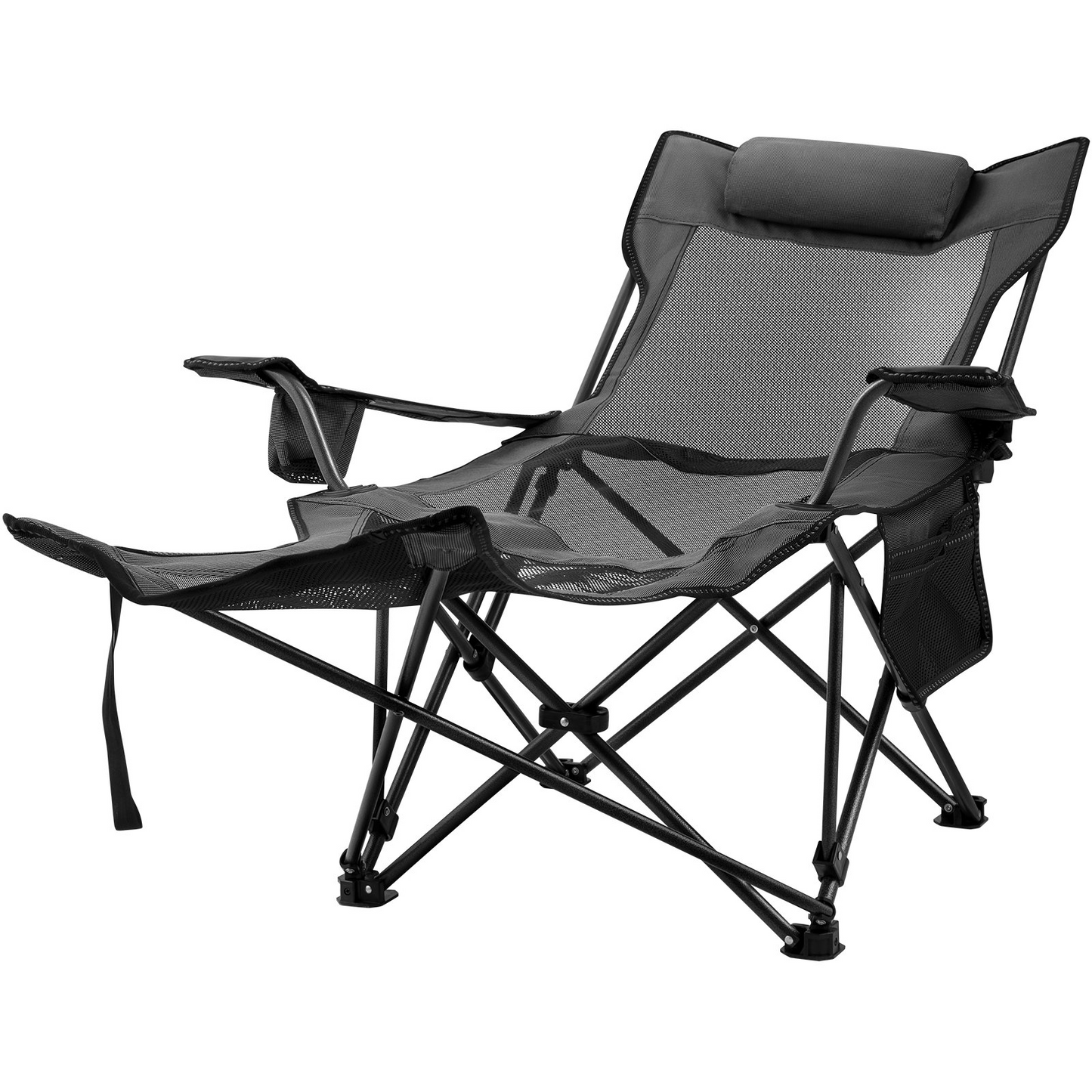 VEVOR Folding Camp Chair with Footrest Mesh, Portable Lounge Chair with Cup Holder and Storage Bag, for Camping Fishing and Other Outdoor Activities (Grey)